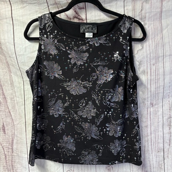 Vintage sparkly velvet Alex Evenings Black Floral Women's Tank Top Large Petite - Picture 1 of 6
